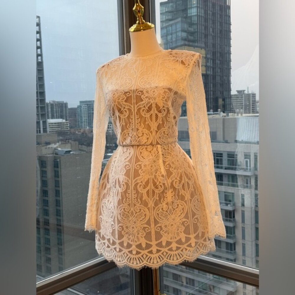 🆕 BRONX & BANCO 🧿 NWOT Casey White Lace Long Sleeve Mini Dress, Sz XS / US 2 - Picture 3 of 16
